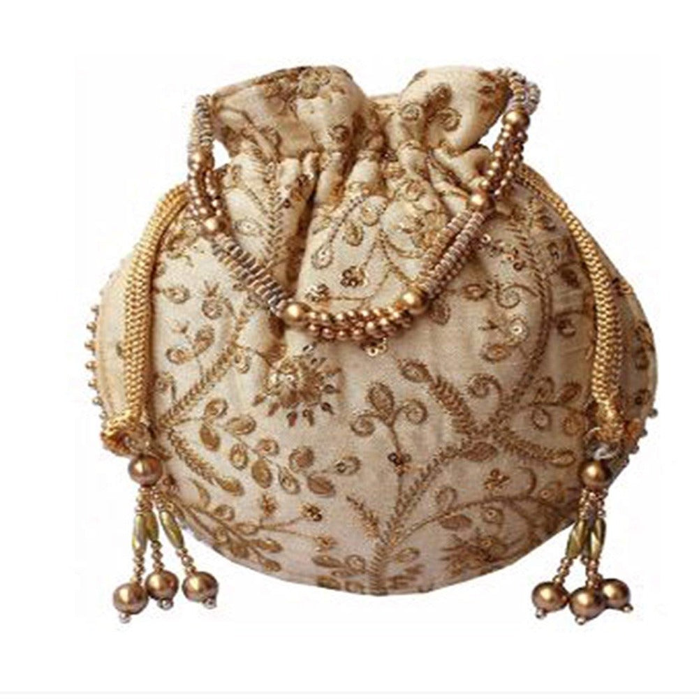 Dms Retail Golden Embroidered Silk Potli Bag Batwa Bag