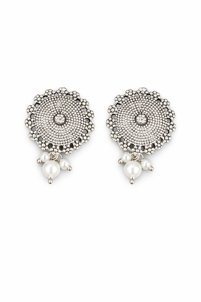Oxidised Silver Round Stud Earrings for Women with Pearl Drops | Traditional Ethnic Statement Stud Earrings | Party Wear