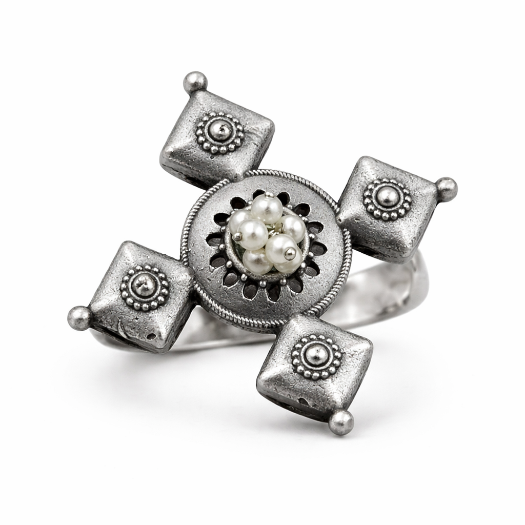 Oxidised Silver Pearl Statement Adjustable Ring for Women & Girls | Antique Designer Big Finger Ring | Ethnic Boho Jewellery