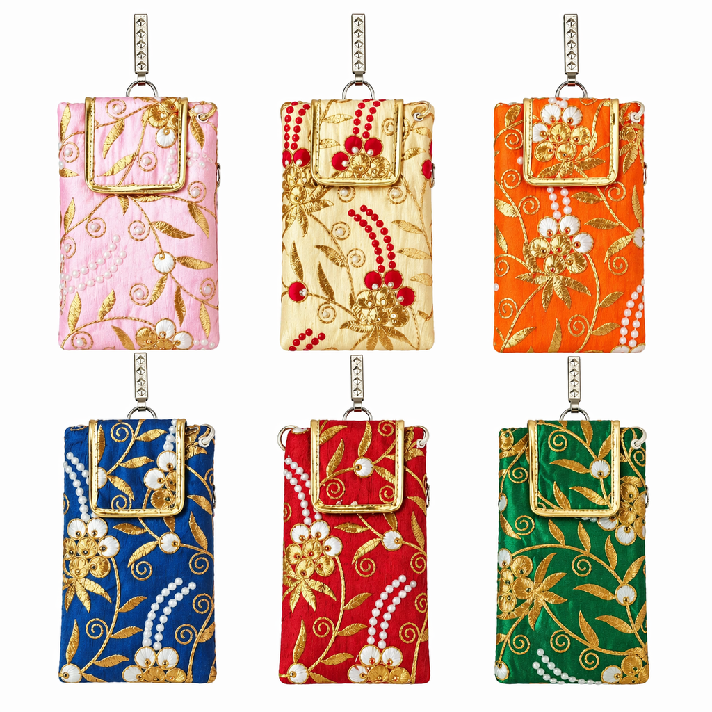 DMS RETAIL Multicolor Embroidered Mobile Pouch for Women with Sling Strap & Back Pocket | Ethnic Floral Design Phone Purse |