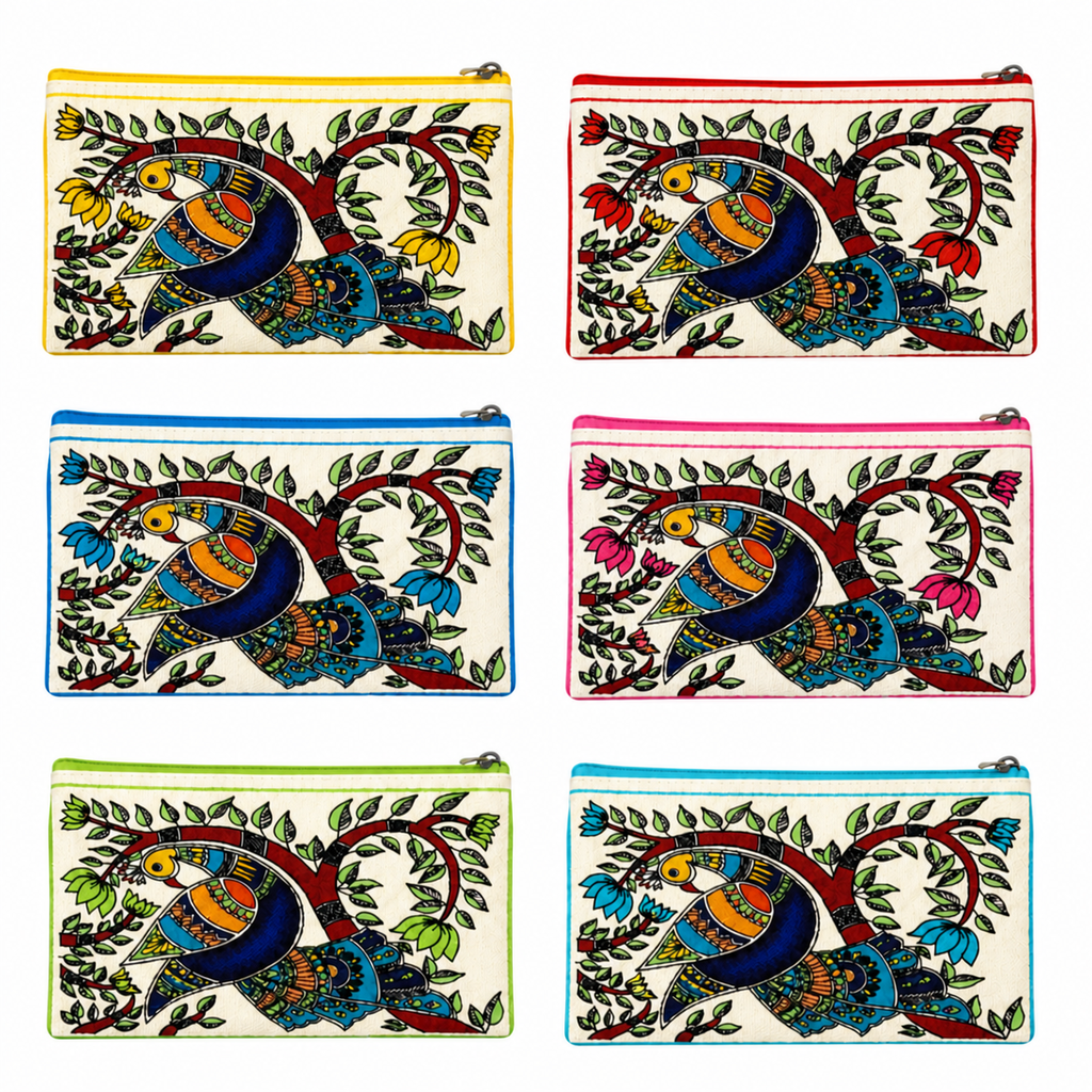 Women’s Hand Painted Canvas Pouch | Madhubani Print Multipurpose Zipper Pouch | Travel Makeup Organizer, Cosmetic & Stationery Pouch | Premium Ethnic Design