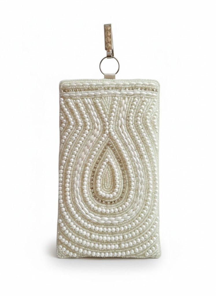 DMS RETAIL Pearl White Beaded Silk Mobile Pouch for Women | Bridal Ethnic Mobile Pouch with Hook Strap | Designer Wedding Party Mobile Bridal Purse for Girls