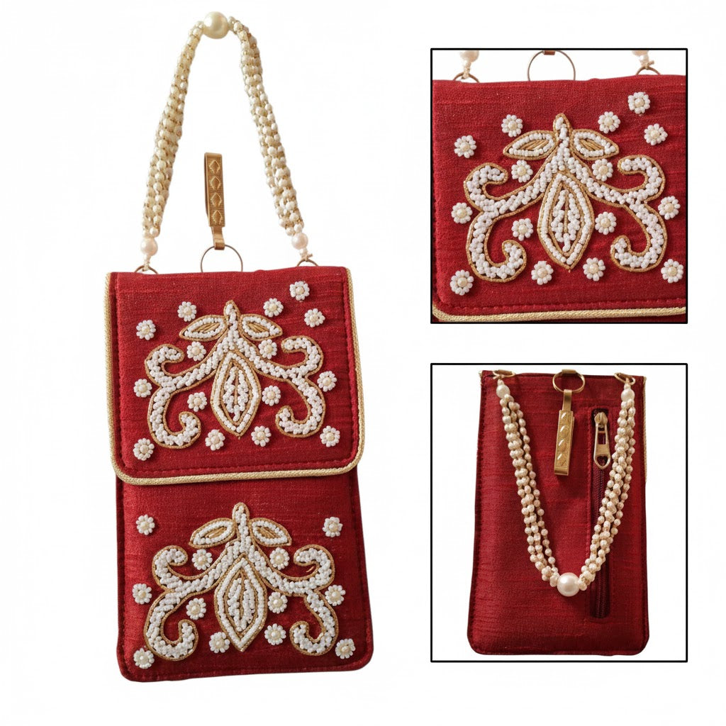 DMS RETAIL Handcrafted Velvet Embroidered Mobile Pouch for Women | Beaded Designer Phone Sleeve with Flap Closure | Traditional Ethnic Mobile Cover | Gift for Women & Girls