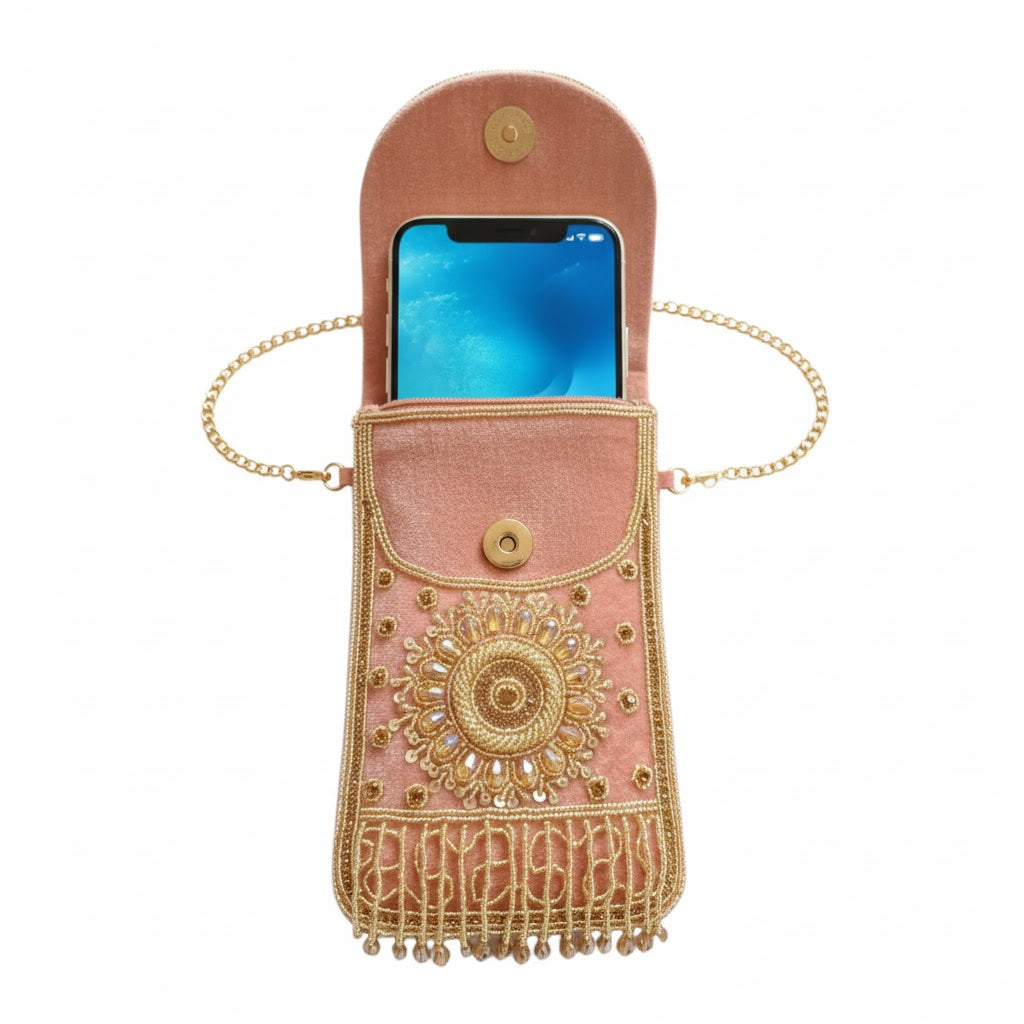 DMS RETAIL Velvet Designer Mobile Pouch for Women | Handcrafted Embroidered Phone Sling Bag with Chain | Luxury Festive Mobile Cover for Wedding, Party & Ethnic Wear PINK