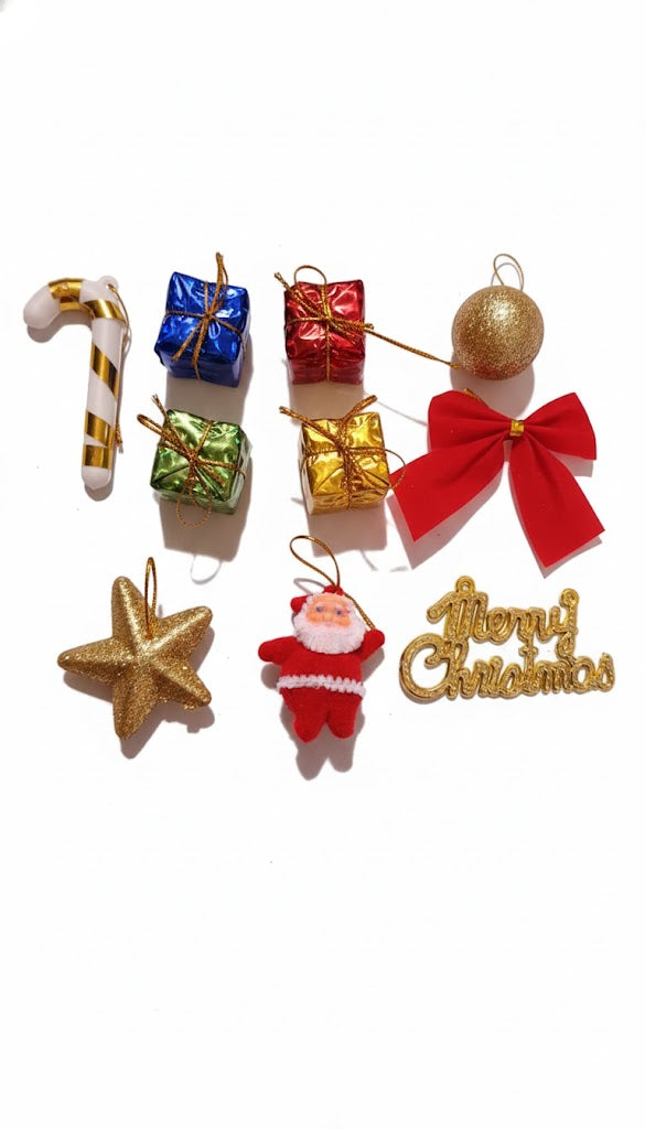 DMS RETAIL Christmas Tree Decoration Combo – 10 PCS | Mini Xmas Decor Set with Gift Boxes, Santa, Star, Ball, Bow, Candy Stick & Merry Christmas Hanging – Home, Office & Party Decoration Accessories