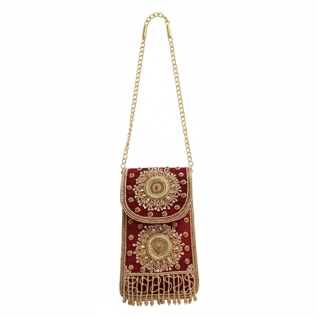 DMS RETAIL Velvet Designer Mobile Pouch for Women | Handcrafted Embroidered Phone Sling Bag with Chain | Luxury Festive Mobile Cover for Wedding, Party & Ethnic Wear MAROON