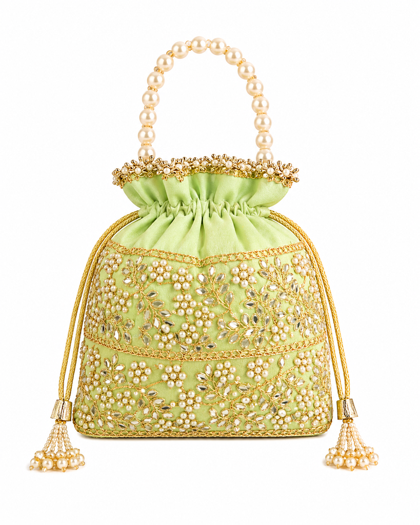 DMS RETAIL Designer Pearl Jadtar Potli Bag for Women | Embroidered Ethnic Clutch with Pearl Handle | Wedding, Bridal, Festive Potli Purse for Lehenga, Saree
