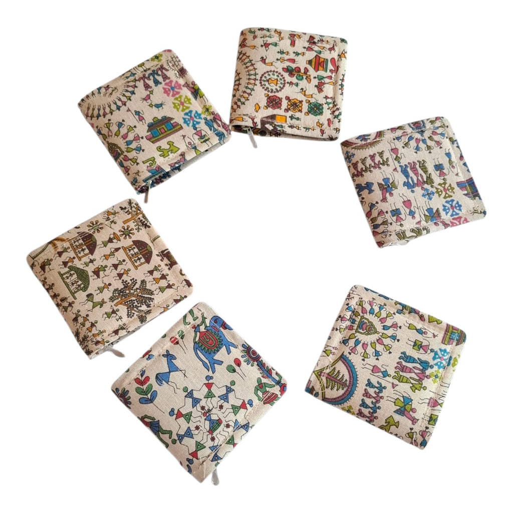 DMS RETAIL Mini Warli Art Wallet for Women & Girls | Handmade Ethnic Fabric Coin Purse | Compact Card & Cash Holder | Traditional Tribal Print Small Pouch for Daily Use & Gifting Pack of