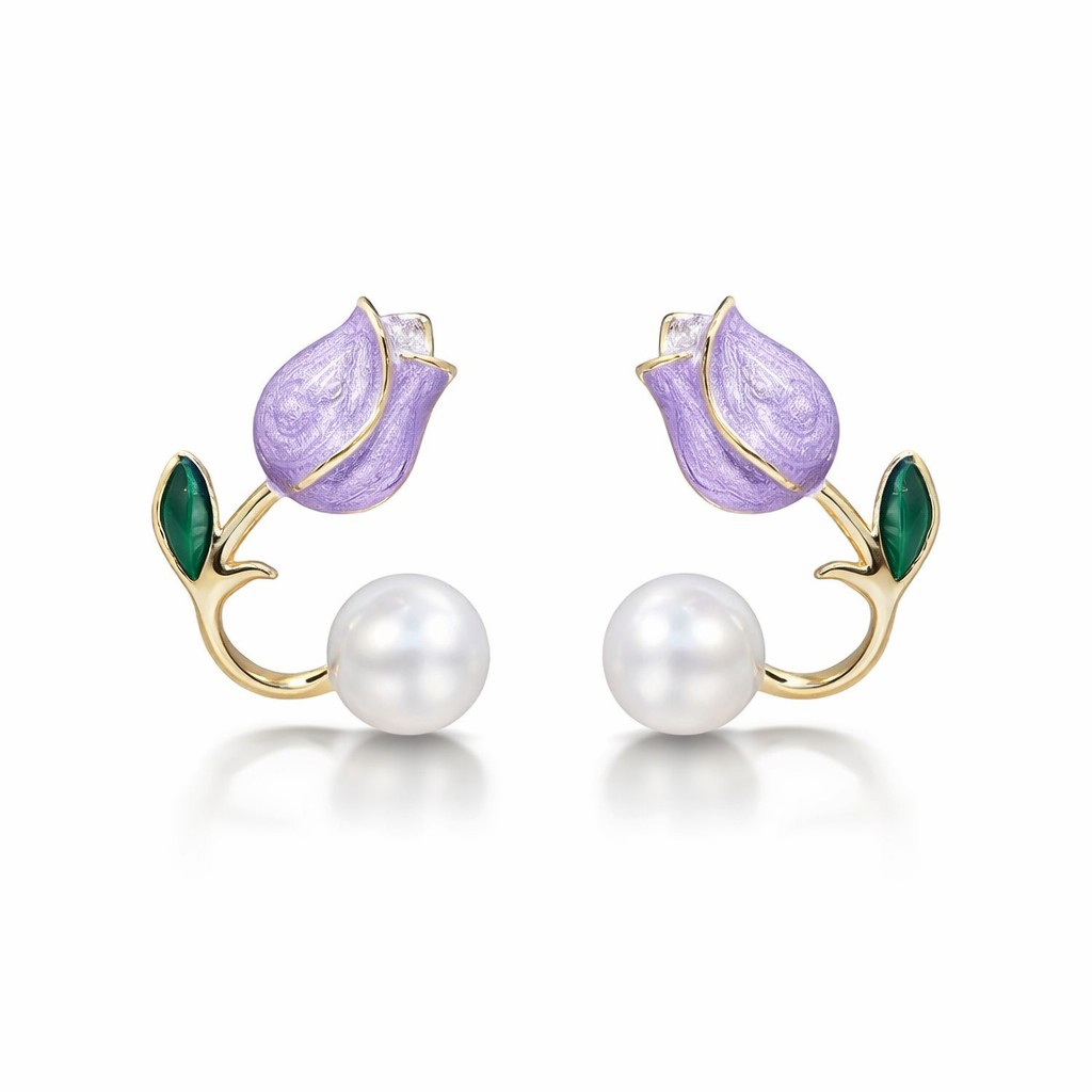 Tulip Flower Pearl Stud Earrings for Women & Girls