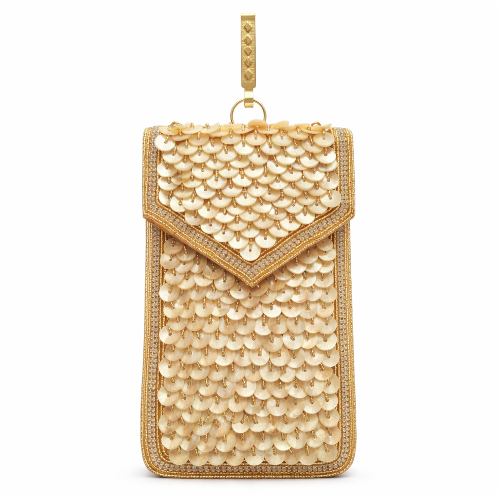 DMS RETAIL Handmade Golden Pearl Sequin Mobile Pouch for Women | Ethnic Tritional Mobile Cover | Designer Mobile Cover for Wedding & Festival