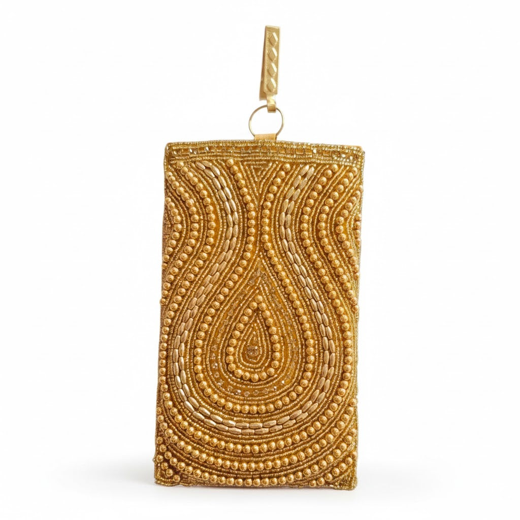 DMS RETAIL Golden Beaded Mobile Pouch for Women | Handmade Ethnic Bridal Potli Style Mobile Cover | Party Wedding Designer Mobile Holder Purse