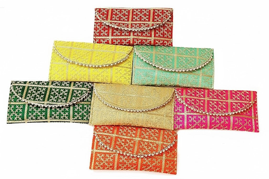DMS RETAIL Designer Brocade Envelope Clutch Purse for Women | Ethnic Potli Style Hand Pouch | Wedding, Festive Purse Gift Pouch for Money, Phone & Essentials Pack Of