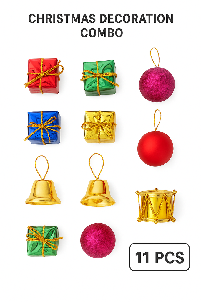 11 PCS Christmas Decoration Combo for Tree – Gift Boxes, Golden Bells,