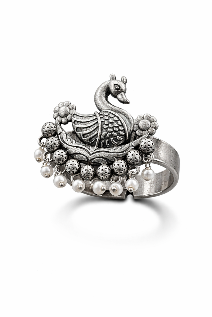 Oxidised Silver Peacock Bird Adjustable Ring for Women & Girls | Pearl Work Designer Statement Ring | Antique Ethnic Boho