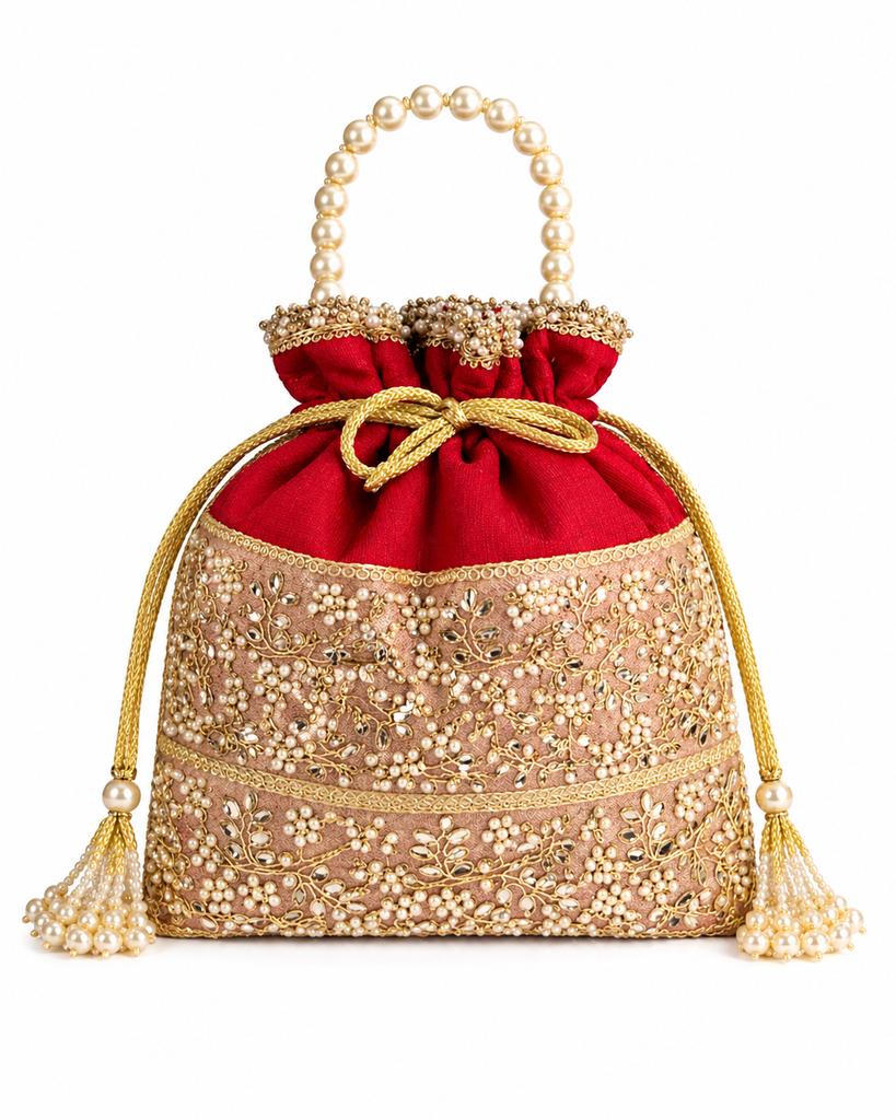 DMS RETAIL Designer Pearl Jadtar Potli Bag for Women | Embroidered Ethnic Clutch with Pearl Handle | Wedding, Bridal, Festive Potli Purse for Lehenga, Saree
