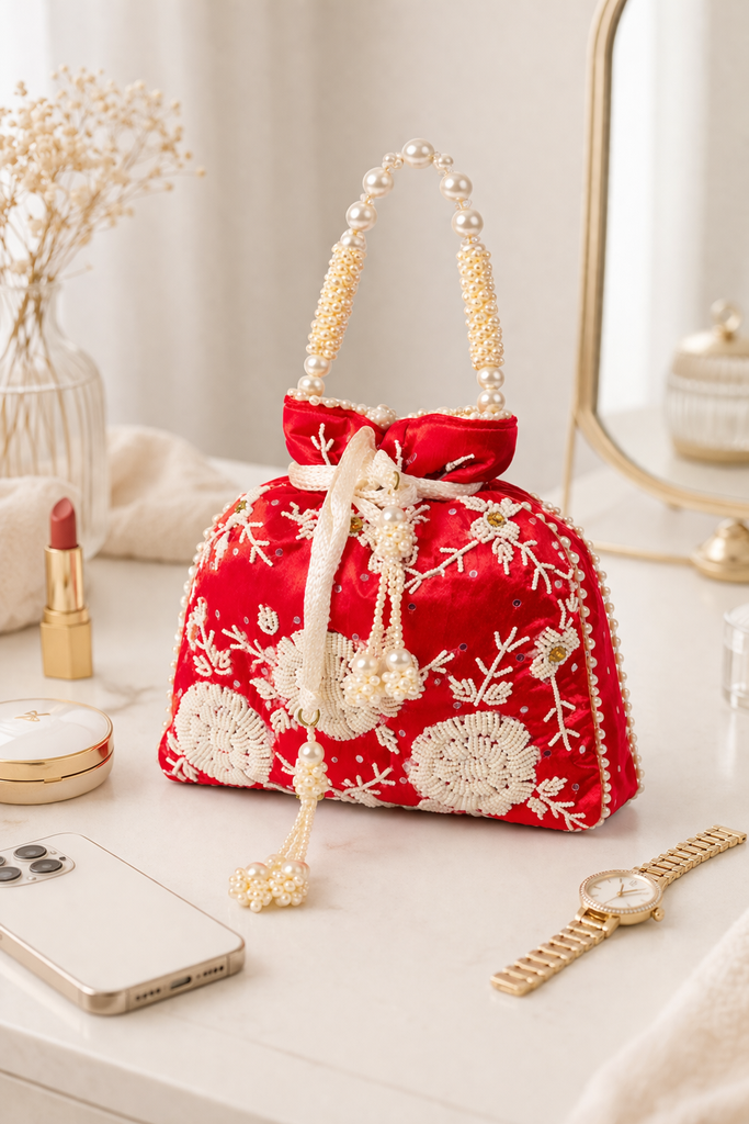 DMS RETAIL Velvet Women’s Hand Embroidered Pearl Work Potli Bag | Designer Silk Bridal Clutch with Beaded Handle & Tassel | Ethnic Wedding Potli Purse for Ladies