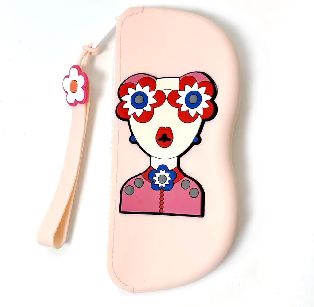 A light pink hard-shell case with a wrist strap, featuring a stylized cartoon face graphic on the front with red and white flower glasses and a pink top, shown on a white background.
