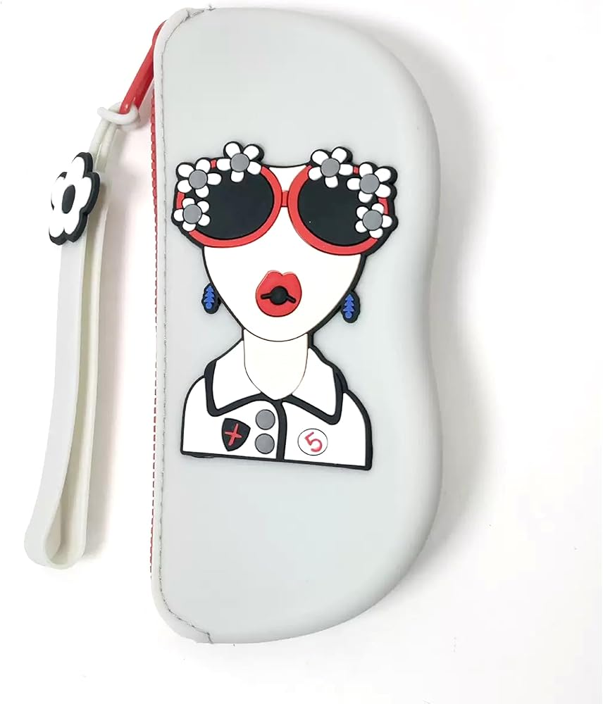 A white hard-shell glasses case with a wrist strap, featuring a cartoon graphic of a woman wearing red sunglasses with white flower embellishments, blue earrings, and a white collared shirt.