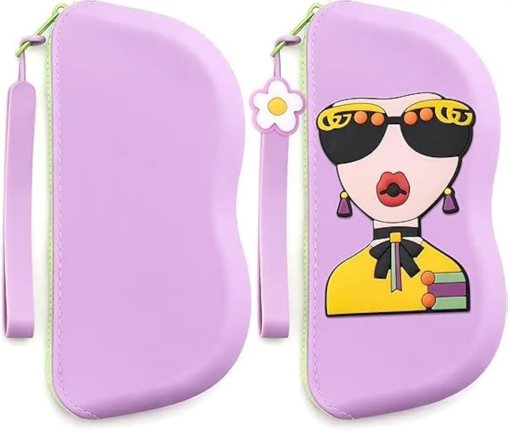 A lavender purple bifold card case with a wrist strap, shown from both front and back. The front features a cartoon graphic of a woman wearing yellow sunglasses and a yellow top, while the back is plain.