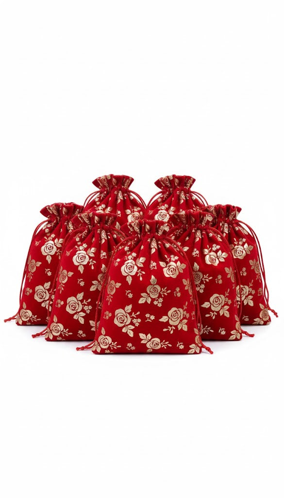 DMS RETAIL Red Rose Printed Velvet Gift Bag with Drawstring Red Velvet Cloth Jewelry Pouches Christaams Goodies Pouch Extra Large Size 8X12 Inches Pack Of