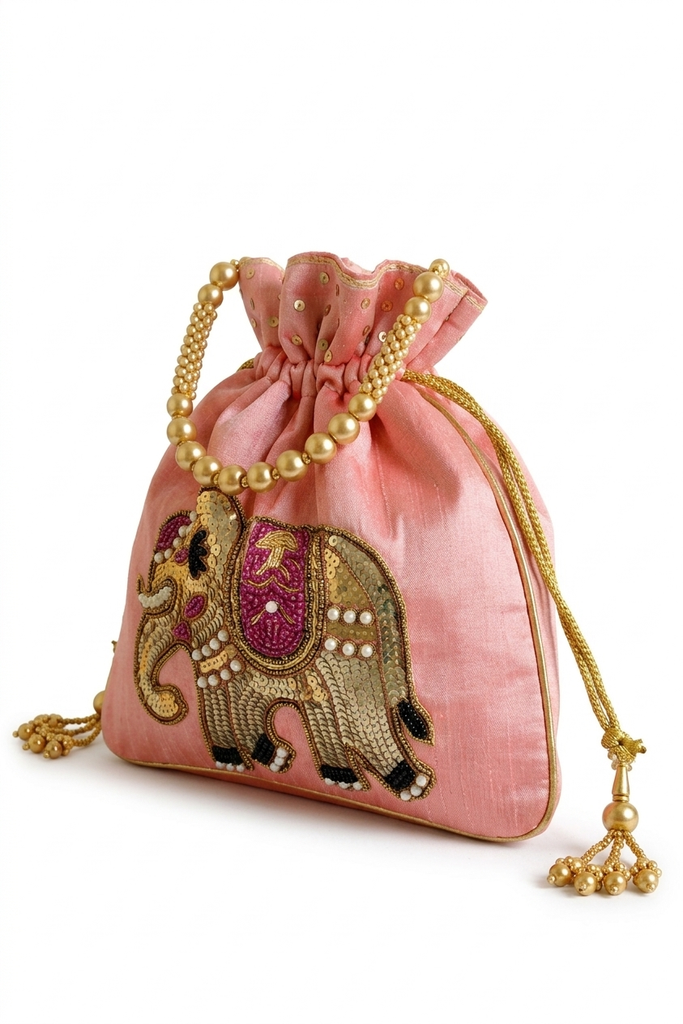 DMS RETAIL Handcrafted Royal Elephant Embroidered Potli Bag for Women | Raw Silk Bridal Clutch with Golden Beads Handle | Ethnic Wedding Purse for Party, Festive & Gift Use