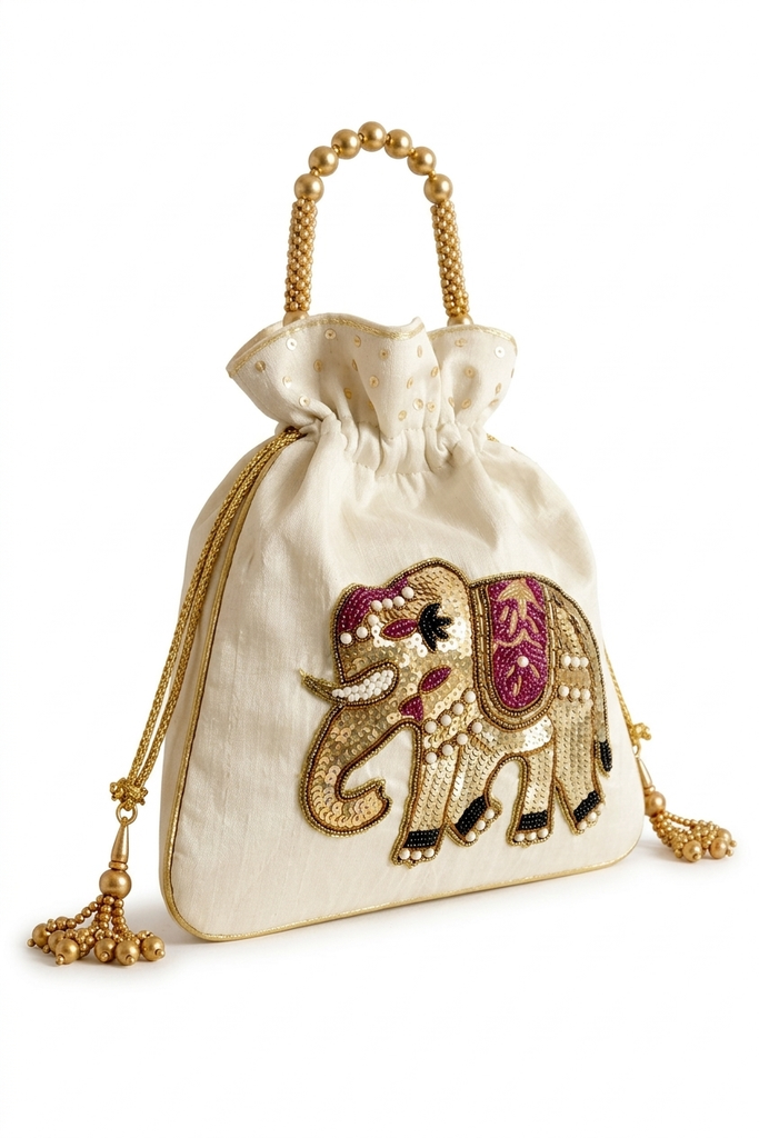 DMS RETAIL Handcrafted Royal Elephant Embroidered Potli Bag for Women | Raw Silk Bridal Clutch with Golden Beads Handle | Ethnic Wedding Purse for Party, Festive & Gift Use