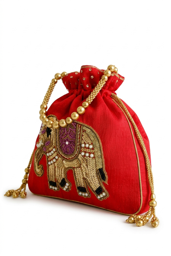DMS RETAIL Handcrafted Royal Elephant Embroidered Potli Bag for Women | Raw Silk Bridal Clutch with Golden Beads Handle | Ethnic Wedding Purse for Party, Festive & Gift Use
