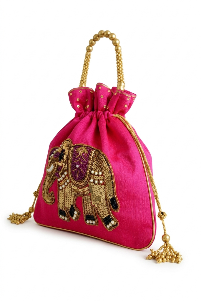 DMS RETAIL Handcrafted Royal Elephant Embroidered Potli Bag for Women | Raw Silk Bridal Clutch with Golden Beads Handle | Ethnic Wedding Purse for Party, Festive & Gift Use