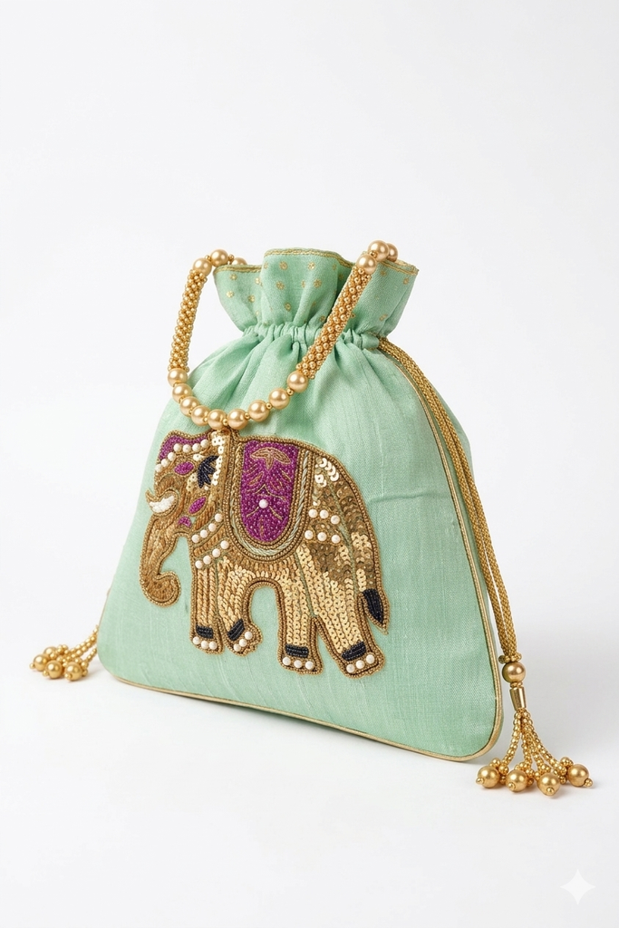 DMS RETAIL Handcrafted Royal Elephant Embroidered Potli Bag for Women | Raw Silk Bridal Clutch with Golden Beads Handle | Ethnic Wedding Purse for Party, Festive & Gift Use