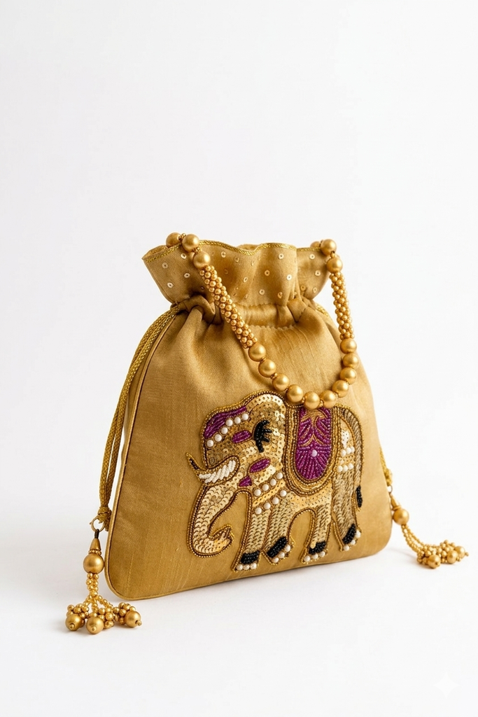 DMS RETAIL Handcrafted Royal Elephant Embroidered Potli Bag for Women | Raw Silk Bridal Clutch with Golden Beads Handle | Ethnic Wedding Purse for Party, Festive & Gift Use