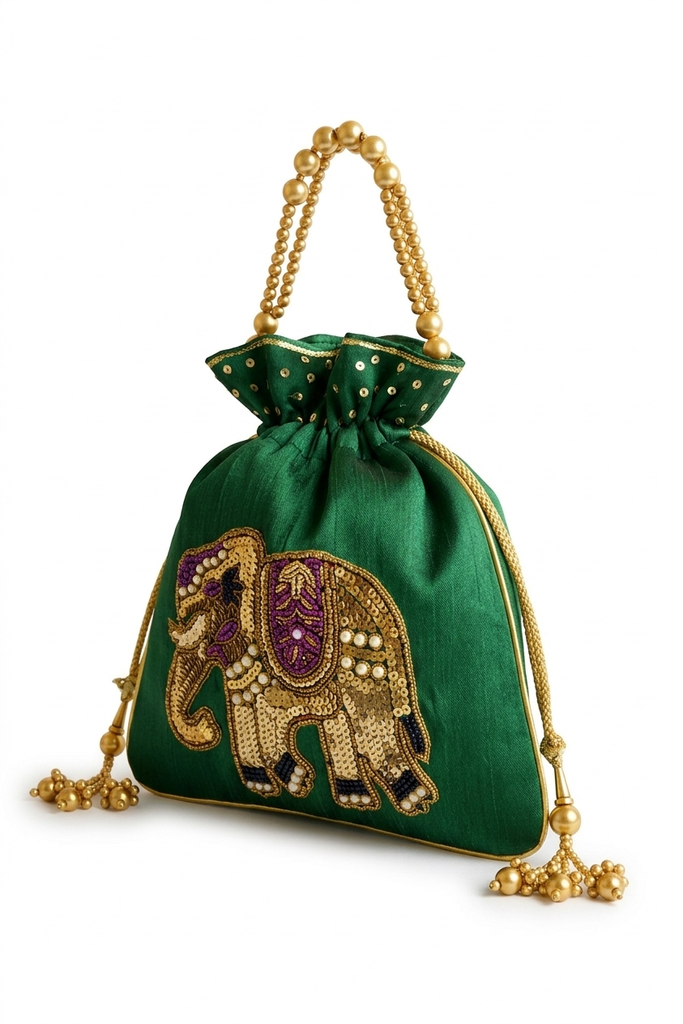 DMS RETAIL Handcrafted Royal Elephant Embroidered Potli Bag for Women | Raw Silk Bridal Clutch with Golden Beads Handle | Ethnic Wedding Purse for Party, Festive & Gift Use