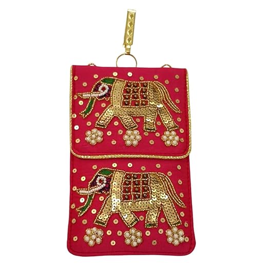 DMS RETAIL Women's Pearl Silk Saree Mobile Pouch Waist Clip Ladies Purse Gift Designer Pearl Beads Studded Handmade Mobile Pouch with Elephant Embroidery