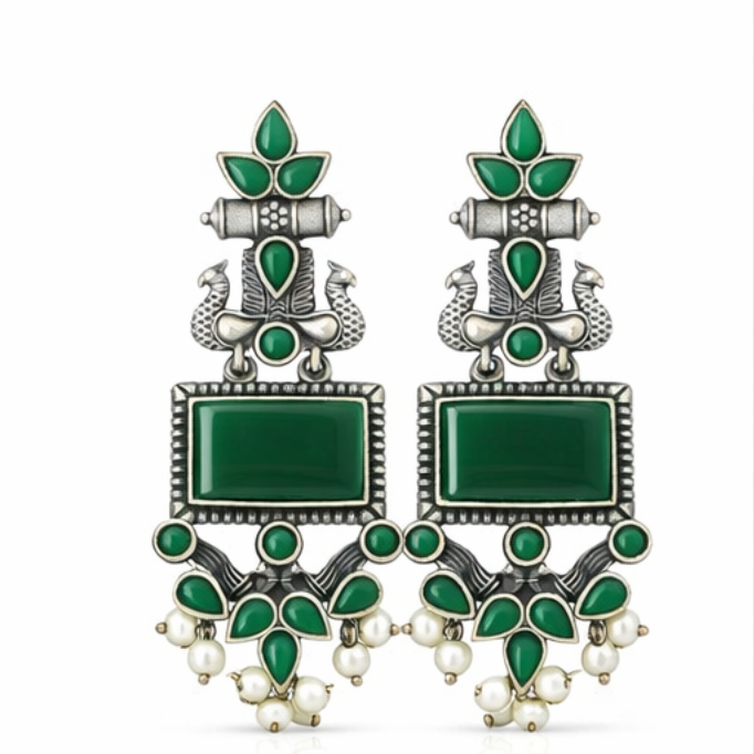 Oxidised Silver Peacock Design Earrings for Women & Girls