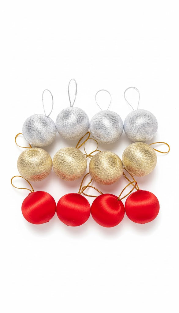 DMS RETAIL Christmas Tree Hanging Balls – Pack of 12 | Silver, Golden & Red Xmas Ornaments | 3 cm Decorative Baubles Home & Party Decoration | Lightweight & Shatterproof Festive Décor