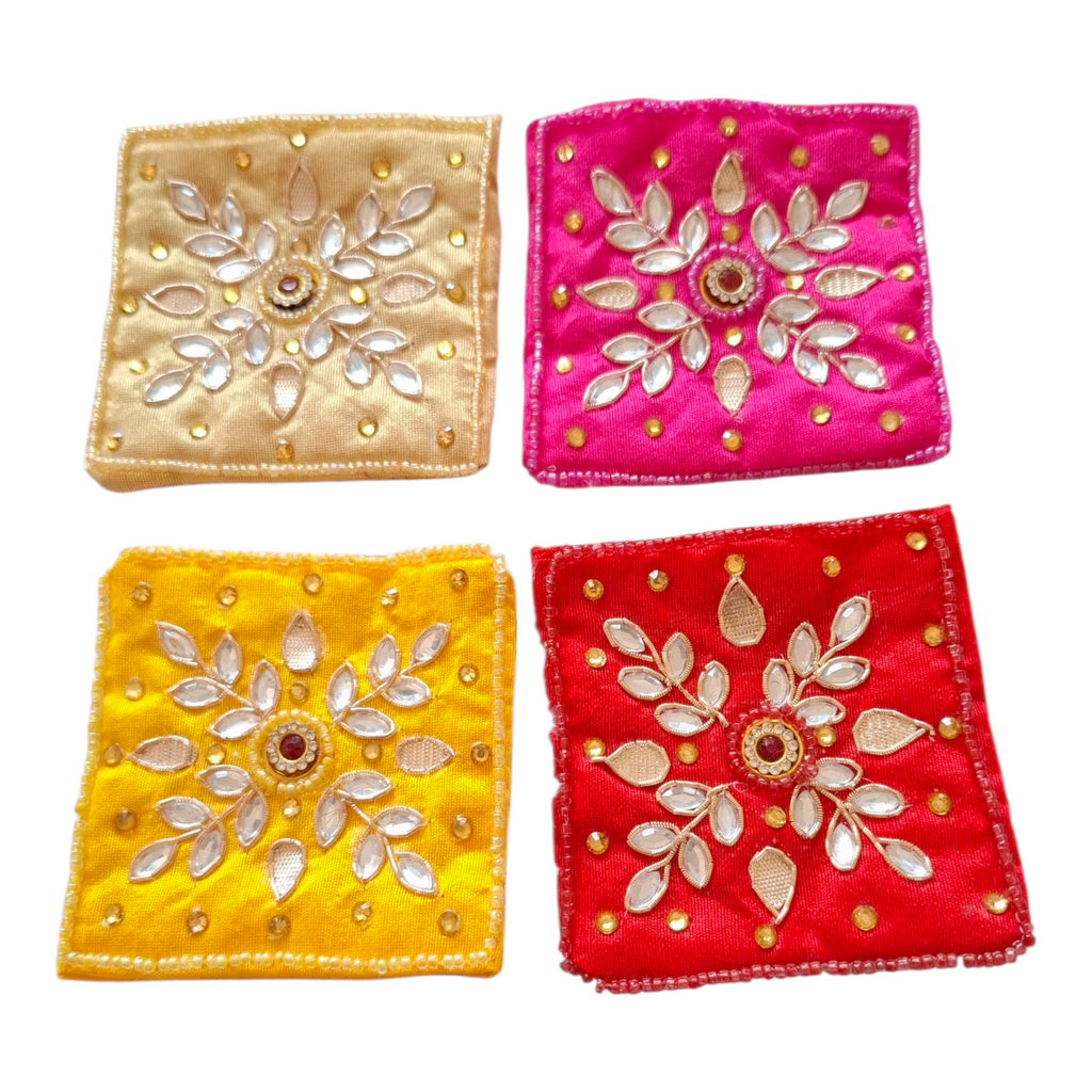 Embroidered silk coin potli bags in multi-color (gold, pink, yellow,
