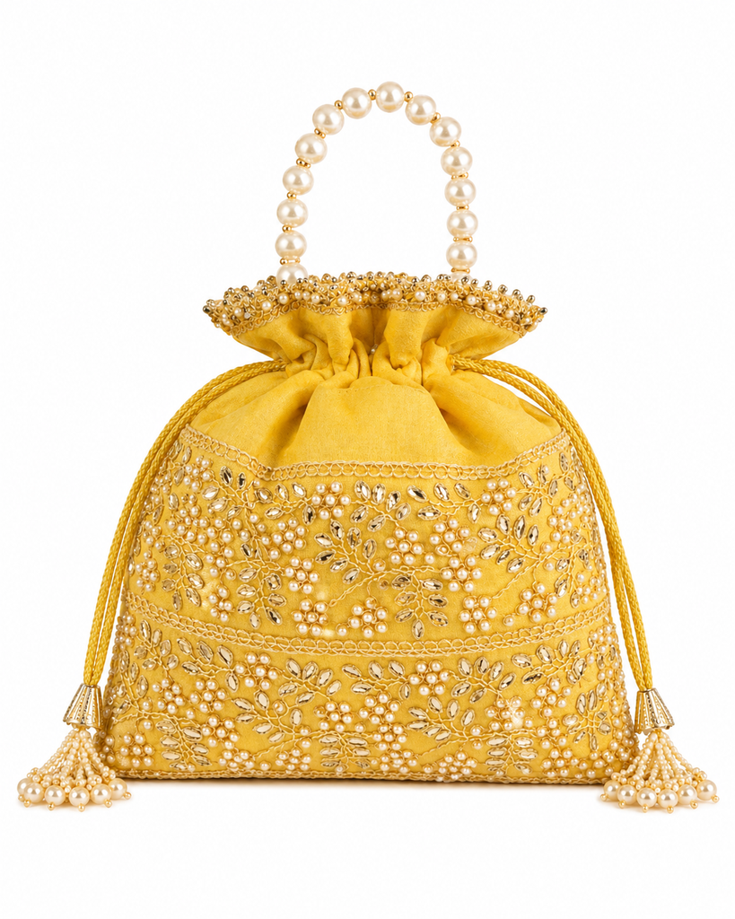 DMS RETAIL Designer Pearl Jadtar Potli Bag for Women | Embroidered Ethnic Clutch with Pearl Handle | Wedding, Bridal, Festive Potli Purse for Lehenga, Saree