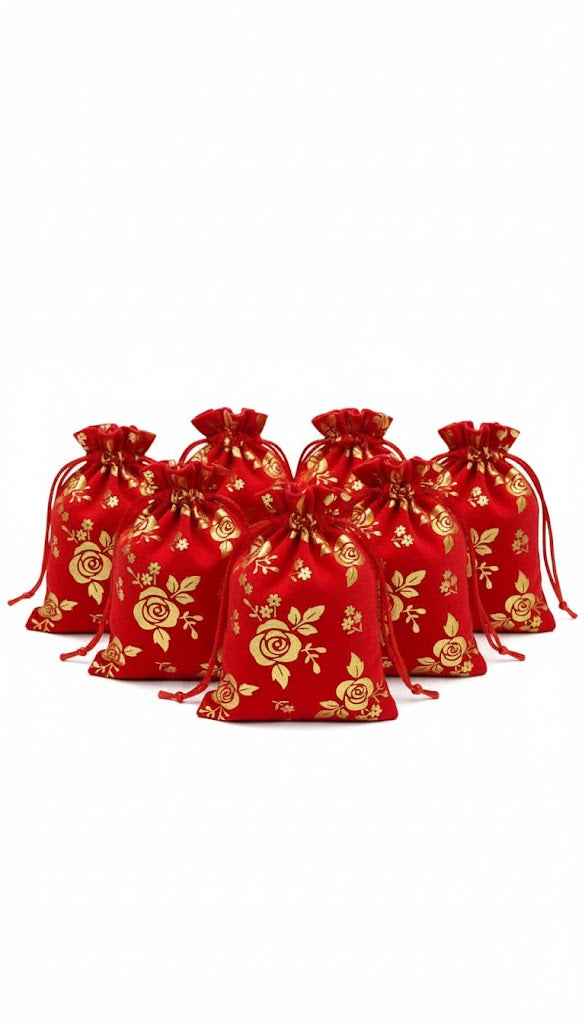 DMS RETAIL Rose Printed Red Velvet Drawstring Pouch Bag Wedding Gift Pouch Bag Shagun Potli Bags Gold Coin Potli Bag Cloth Jewelry Pouches Christmas Pouch 5X7 INCHES Pack Of