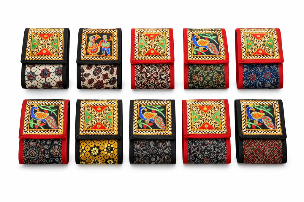 DMS RETAIL Handcrafted Embroidered Ajrakh Print Mobile Pouch for Women | 5x7 Inch Ethnic Sling Purse for Phone, Cash & Cards