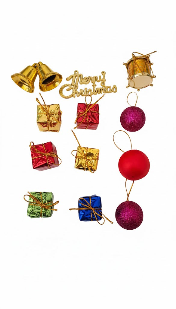 DMS RETAIL 12 Pcs Christmas Tree Hanging Decoration Set | Gift Box Ornaments, Golden Bells, Balls, Drum & Merry Christmas Banner