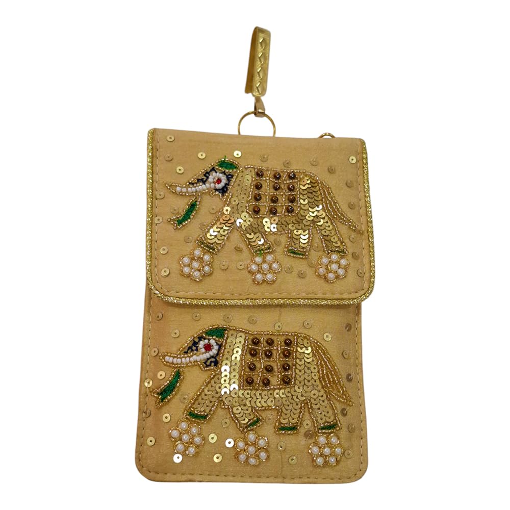 DMS RETAIL Women's Pearl Silk Saree Mobile Pouch Waist Clip Ladies Purse Gift Designer Pearl Beads Studded Handmade Mobile Pouch with Elephant Embroidery