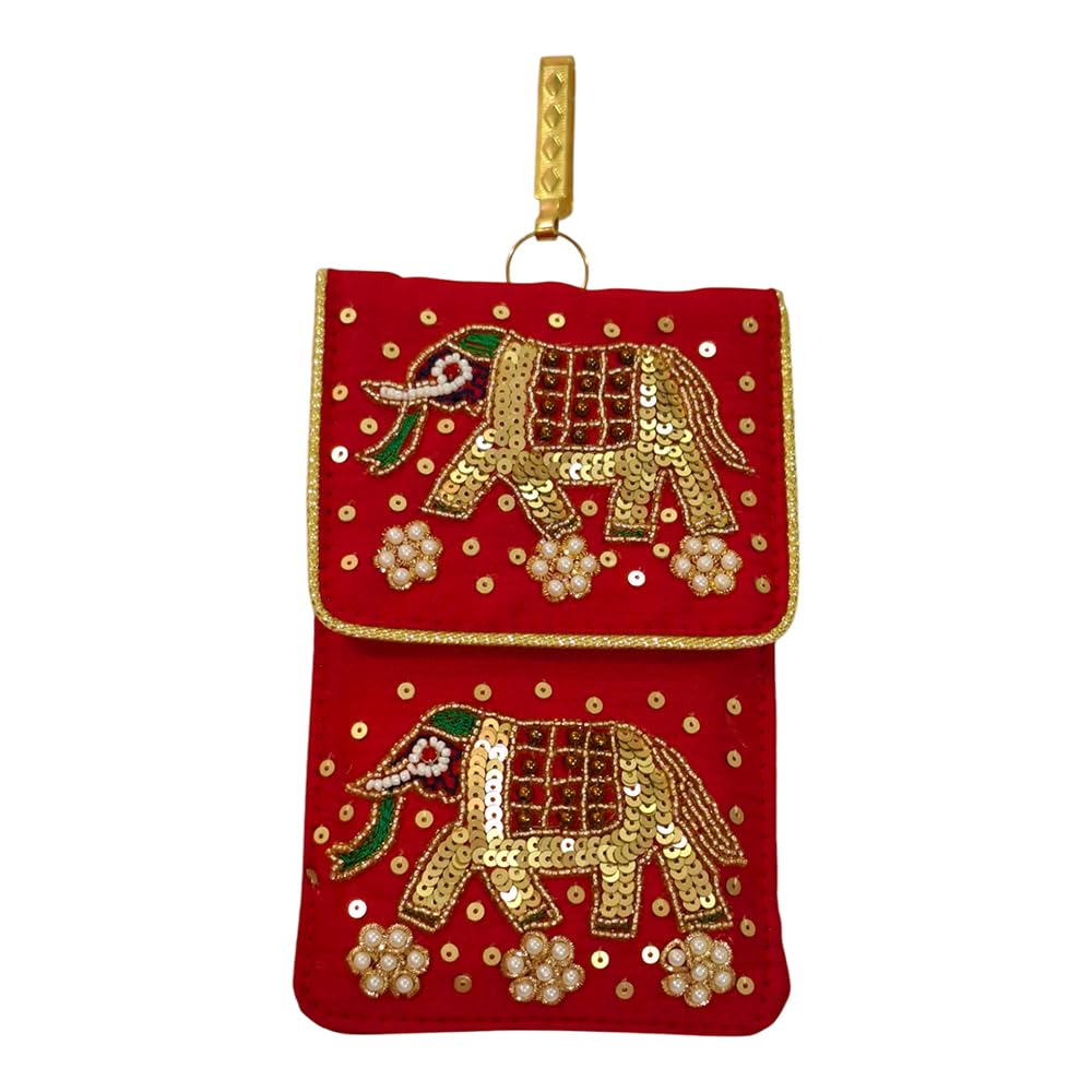 DMS RETAIL Women's Pearl Silk Saree Mobile Pouch Waist Clip Ladies Purse Gift Designer Pearl Beads Studded Handmade Mobile Pouch with Elephant Embroidery