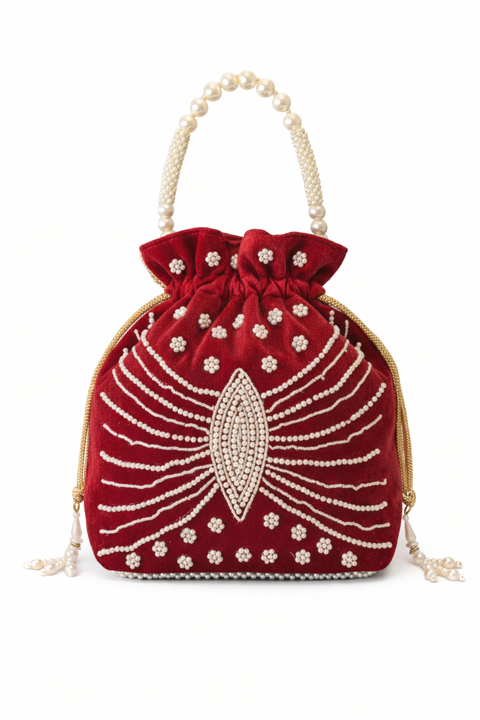 Dms Retail Women S Potli Bag With Pearl Bead Handle Hand Embroidery