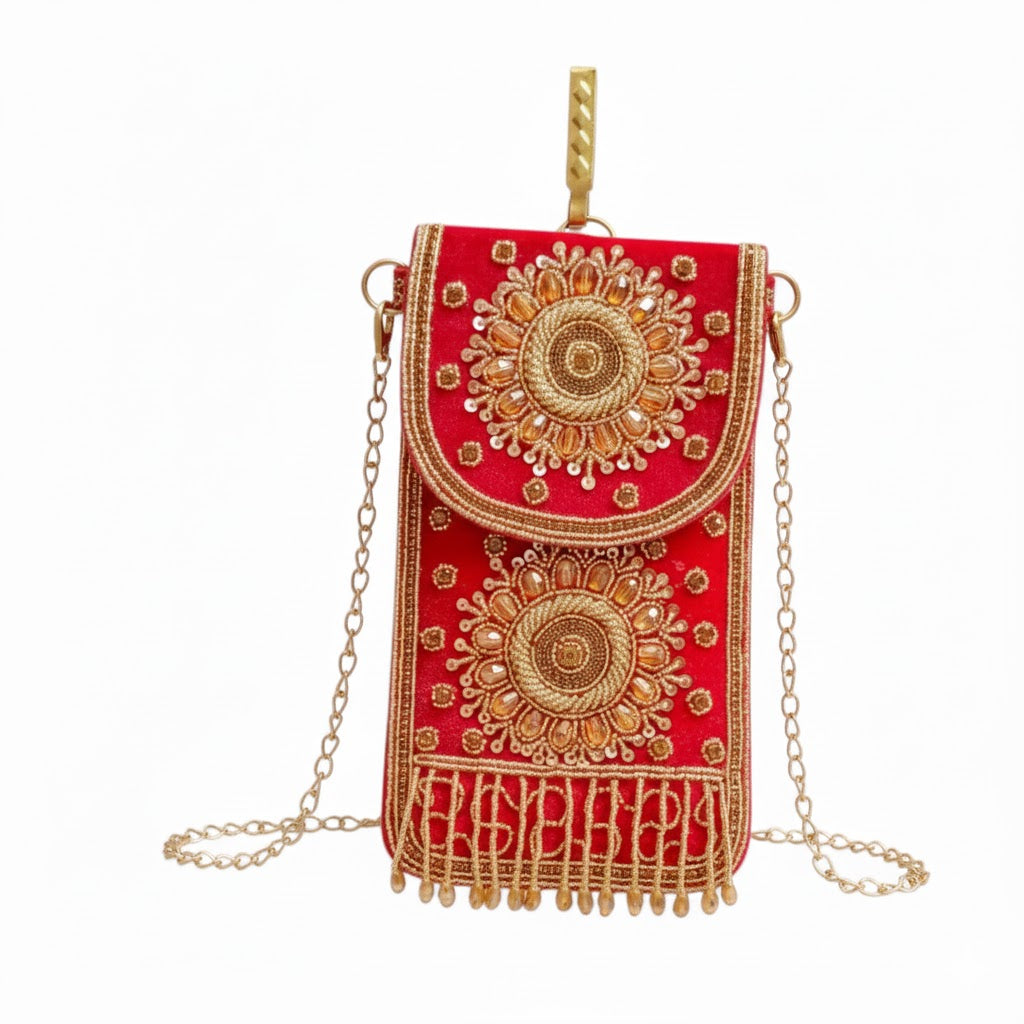 DMS RETAIL Velvet Designer Mobile Pouch for Women | Handcrafted Embroidered Phone Sling Bag with Chain | Luxury Festive Mobile Cover for Wedding, Party & Ethnic Wear RED