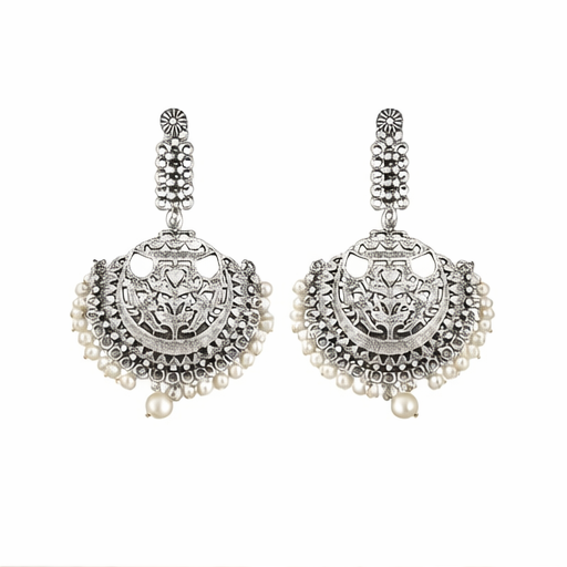 Silver Plated Chandbali Earrings for Women with Pearl Drops | Traditional Oxidised Chand Bali Jhumka Earrings | Ethnic