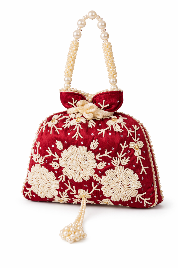 DMS RETAIL Velvet Women’s Hand Embroidered Pearl Work Potli Bag | Designer Silk Bridal Clutch with Beaded Handle & Tassel | Ethnic Wedding Potli Purse for Ladies