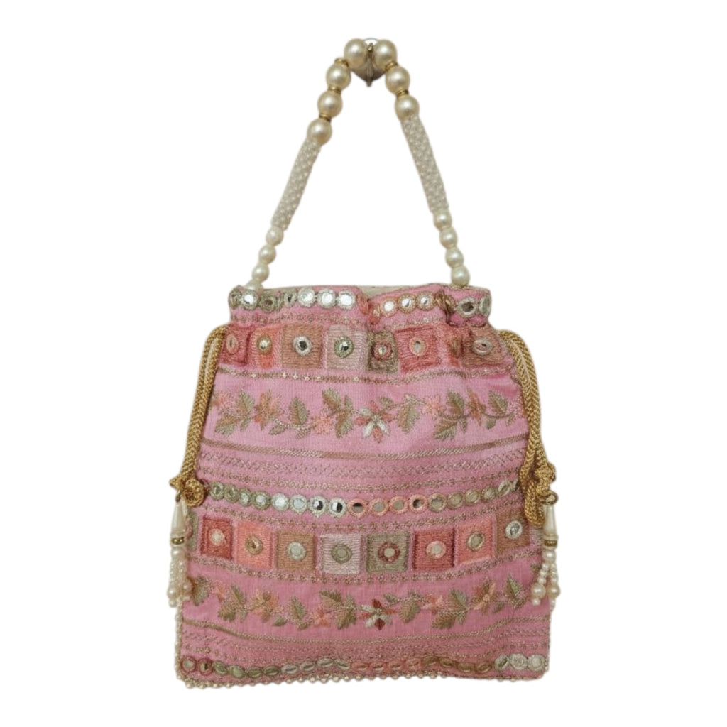 Mirror Work Potli Bag for Women with Pearl Beaded Handle, Embroidered