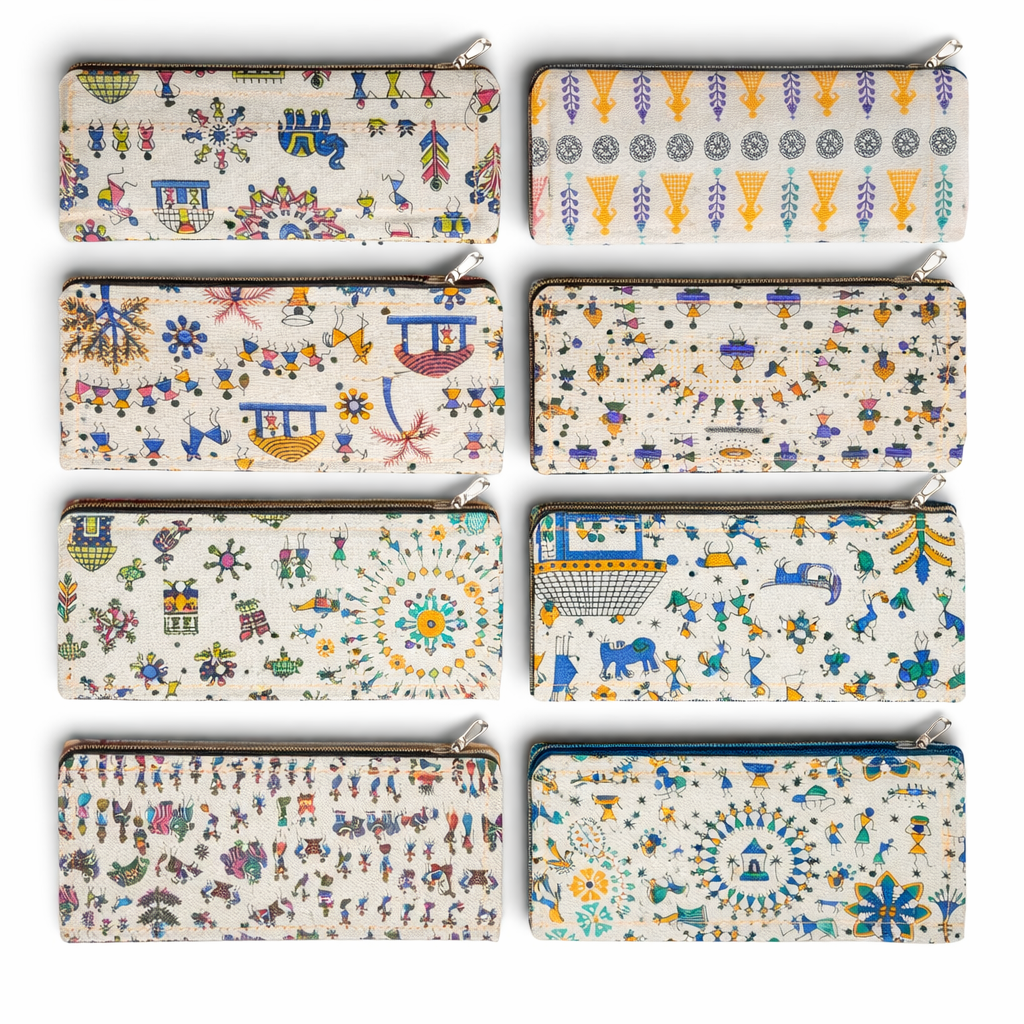 DMS RETAIL Warli Art Cotton Wallet for Women | 9 x 5 Inch Zip Wallet | Handmade Ethnic Print Clutch | Multi-Compartment Organizer | Assorted Tribal Prints | Travel Wallet for Cash, Cards & Mobile