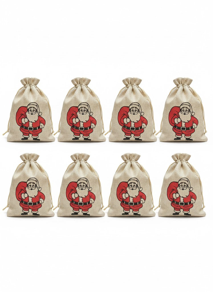 DMS RETAIL Jute Potli Bags with Santa Print — Drawstring Burlap Santa Gift Sacks for Christmas | Holiday Favor Bags, Gift Packaging, Stocking Fillers & Party Favors 7x9 inch Pack of