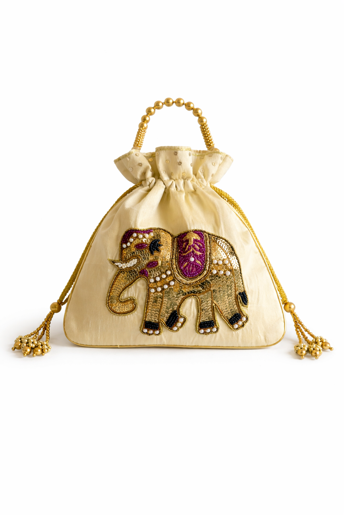 DMS RETAIL Handcrafted Royal Elephant Embroidered Potli Bag for Women | Raw Silk Bridal Clutch with Golden Beads Handle | Ethnic Wedding Purse for Party, Festive & Gift Use