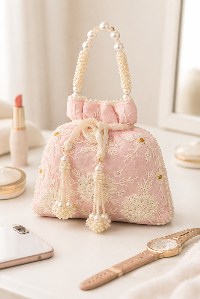 DMS RETAIL Velvet Women’s Hand Embroidered Pearl Work Potli Bag | Designer Silk Bridal Clutch with Beaded Handle & Tassel | Ethnic Wedding Potli Purse for Ladies